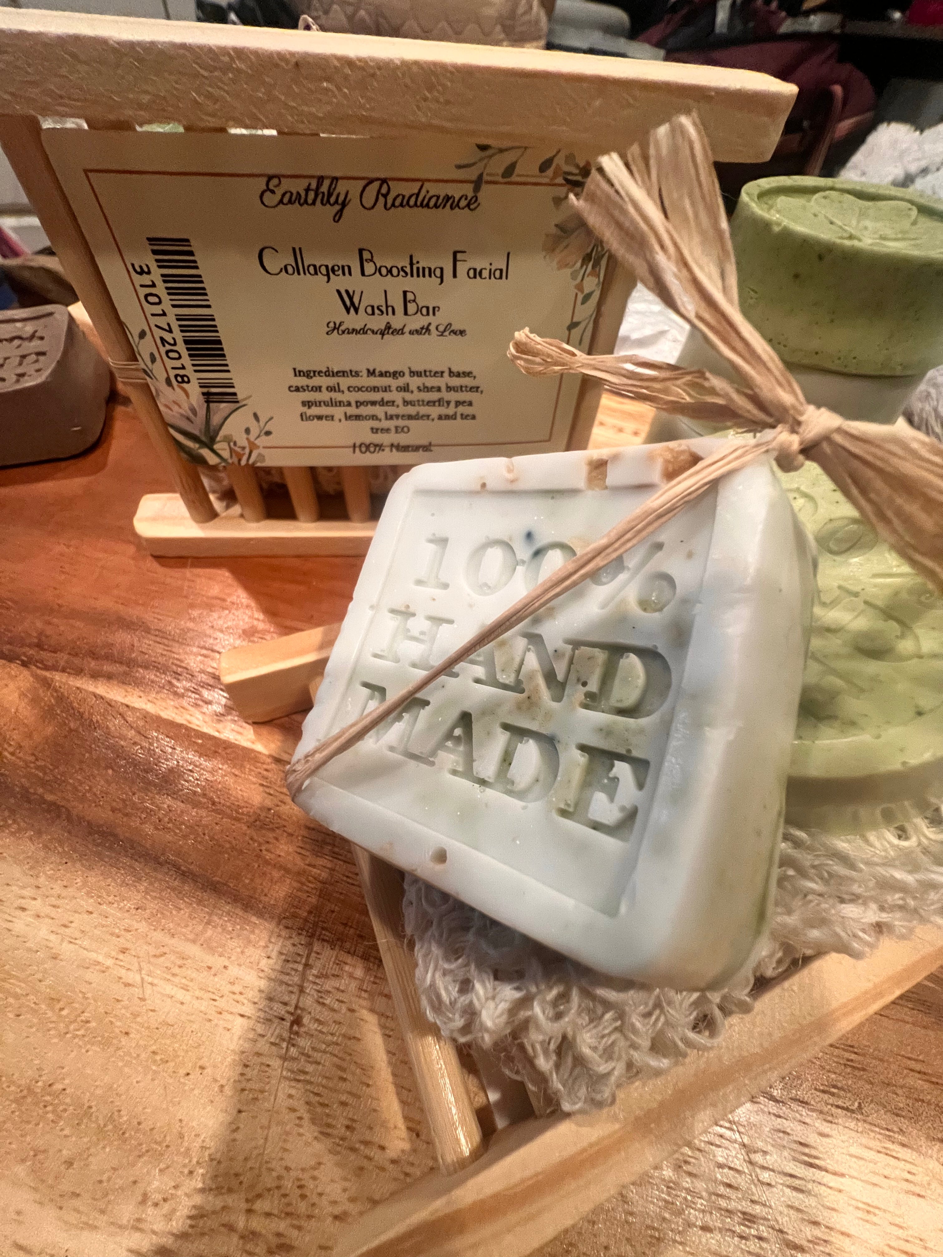 Collagen Boosting Facial Wash Bar with Natural sisal soap saver bag and soap holder