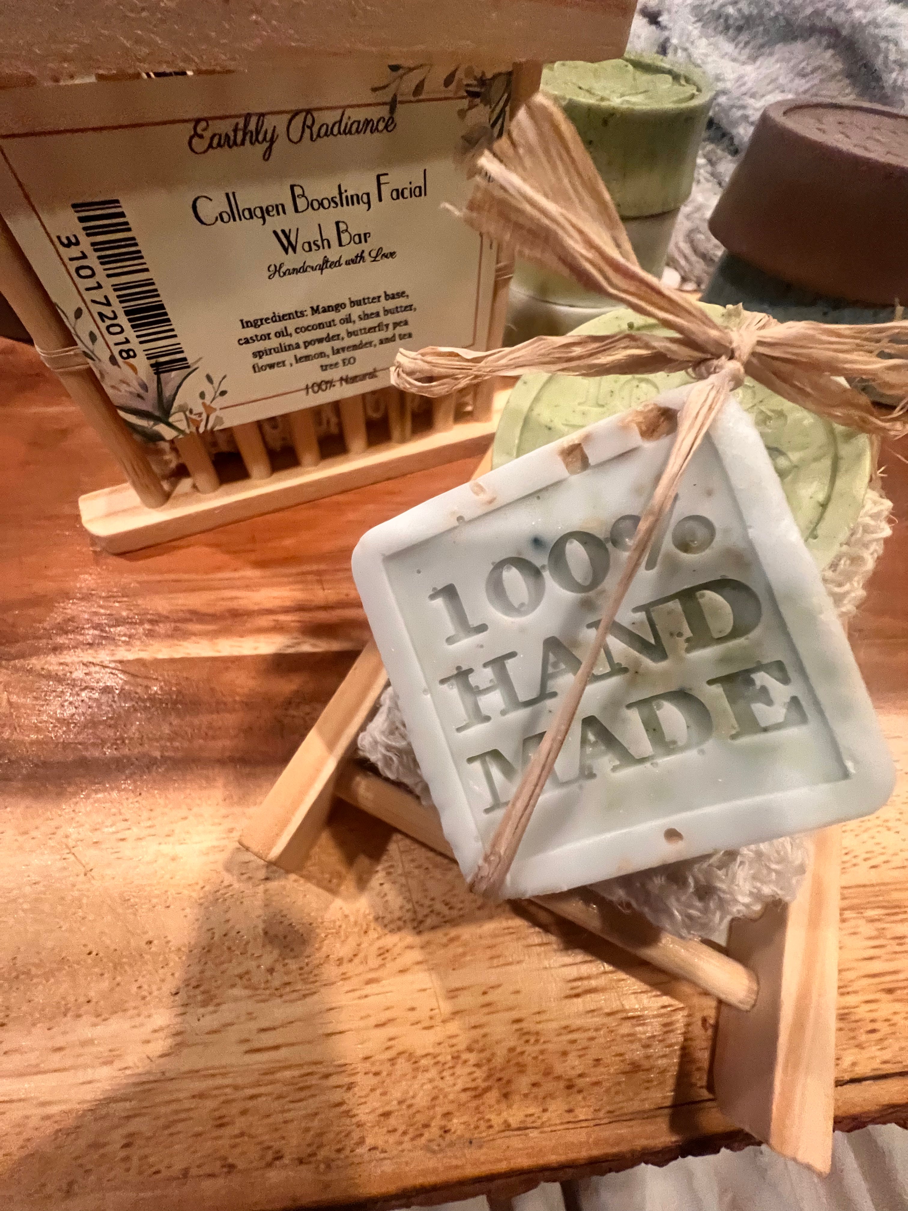 Collagen Boosting Facial Wash Bar with Natural sisal soap saver bag and soap holder