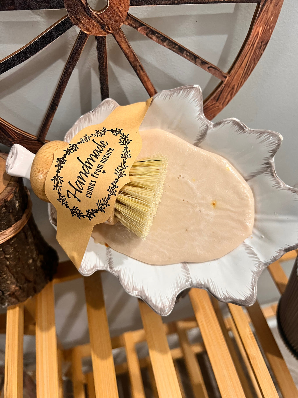 Dish Bar Soap with vintage ceramic and bamboo dish brush