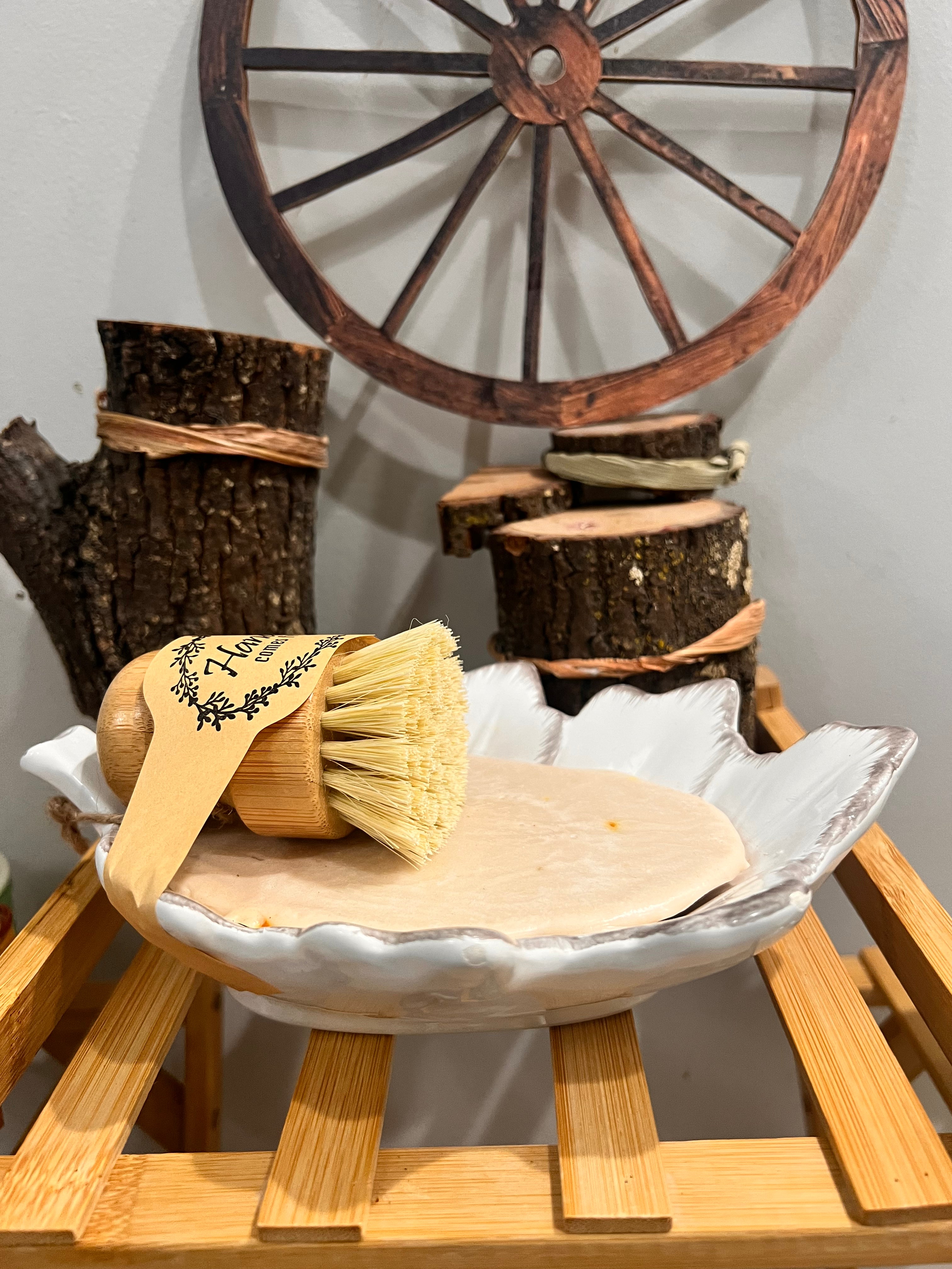 Dish Bar Soap with vintage ceramic and bamboo dish brush