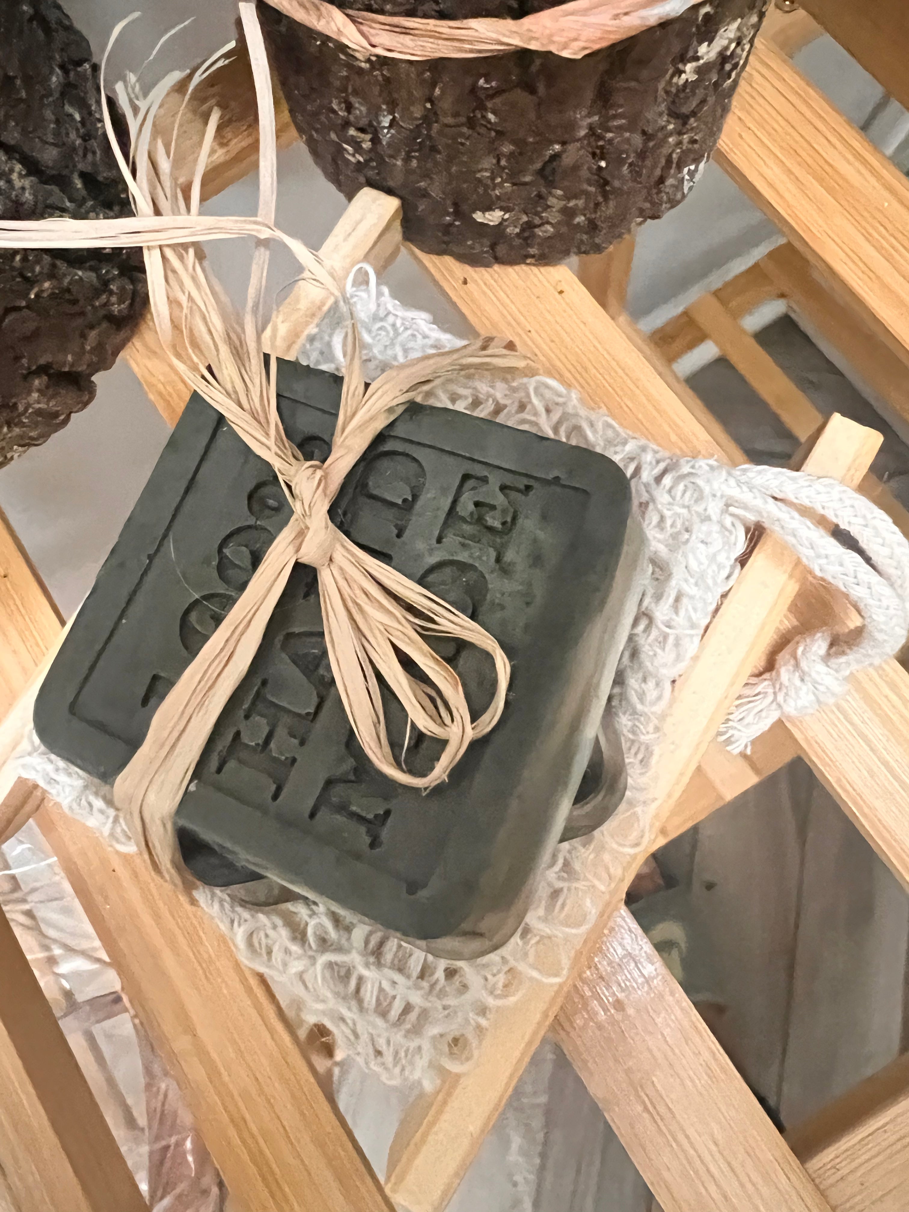 Charcoal and Tea Tree Facial Bar with natural sisal soap saver bag and bamboo soap holder