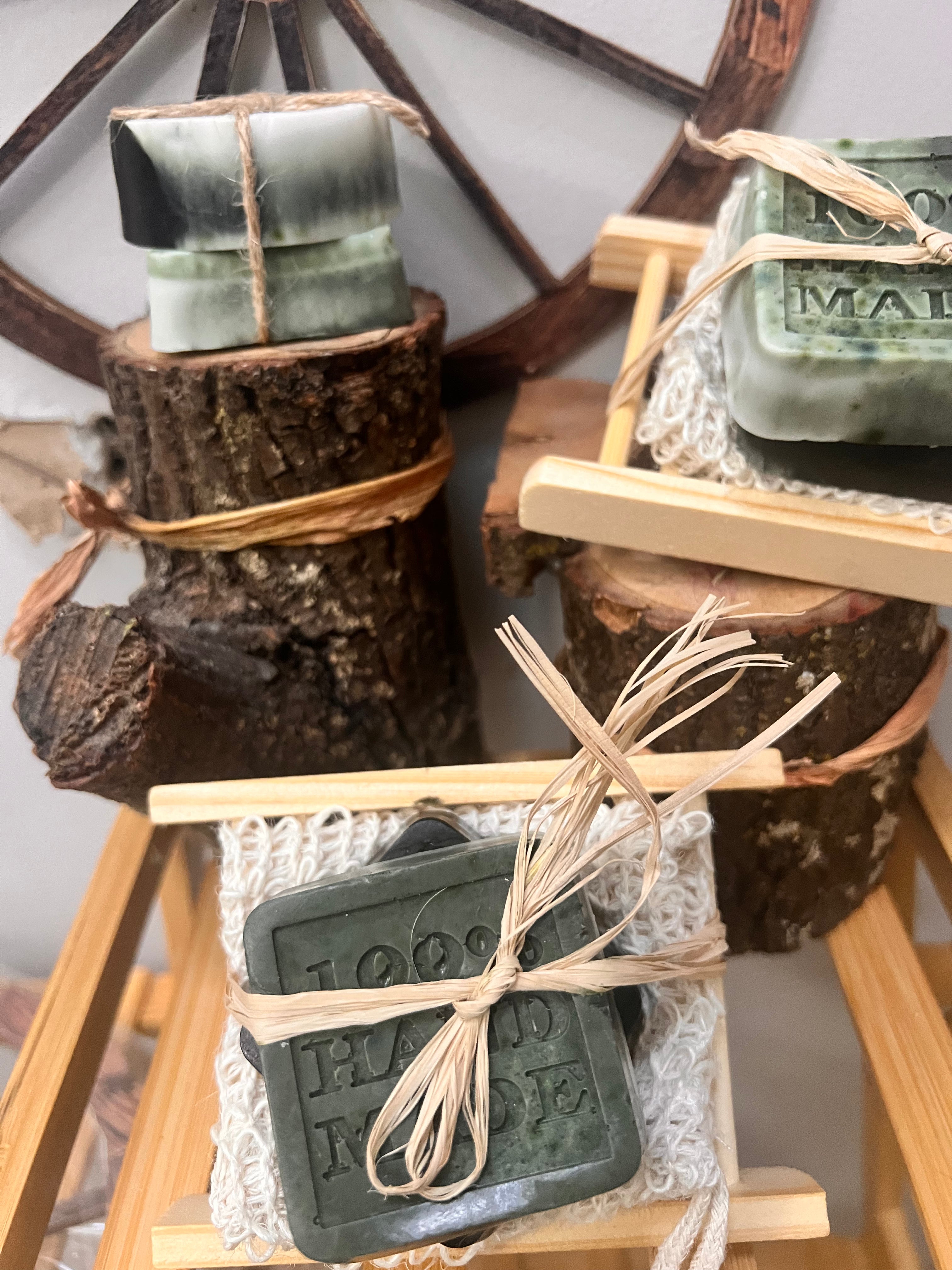 Charcoal and Tea Tree Facial Bar with natural sisal soap saver bag and bamboo soap holder