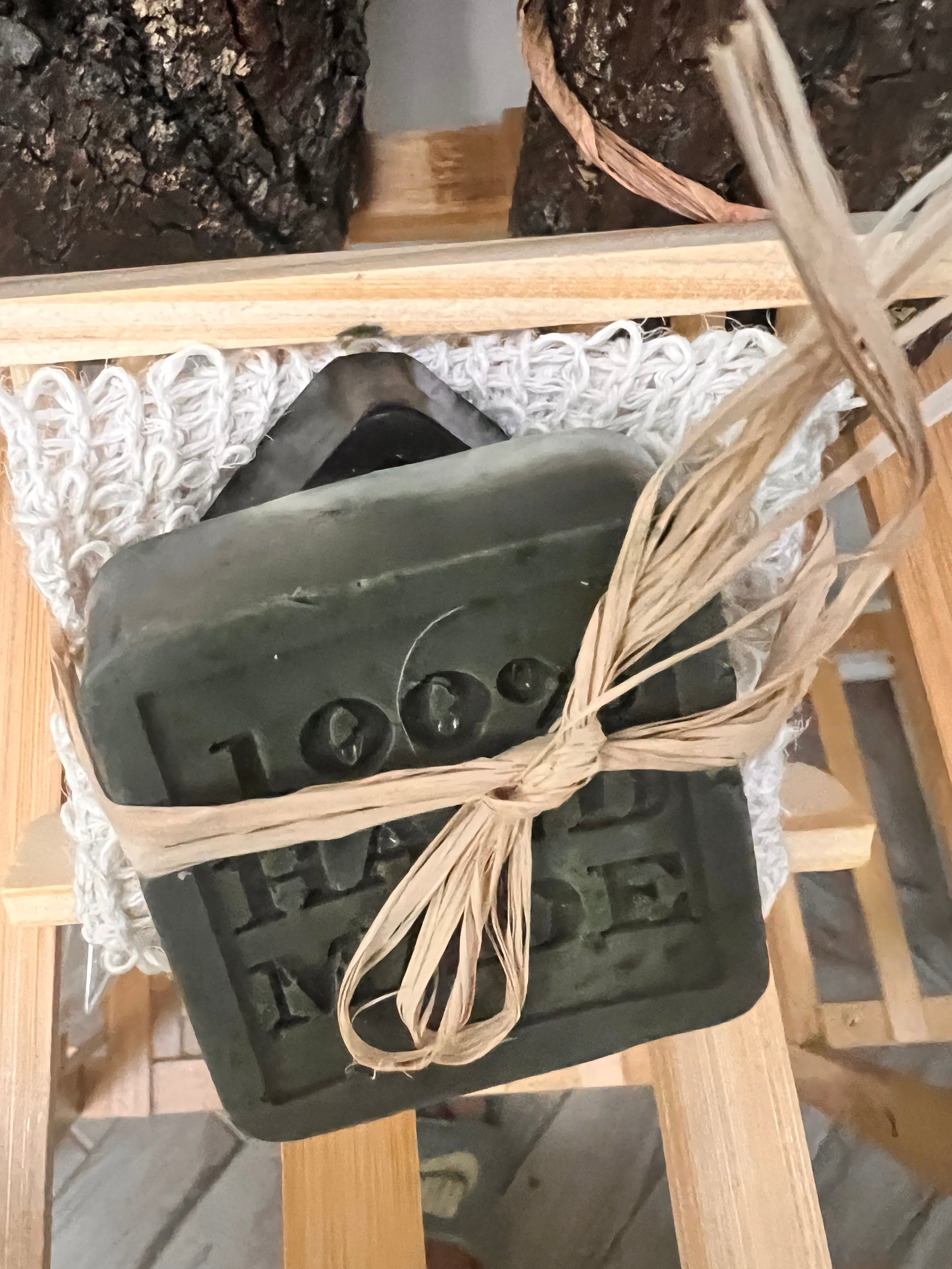 Charcoal and Tea Tree Facial Bar with natural sisal soap saver bag and bamboo soap holder