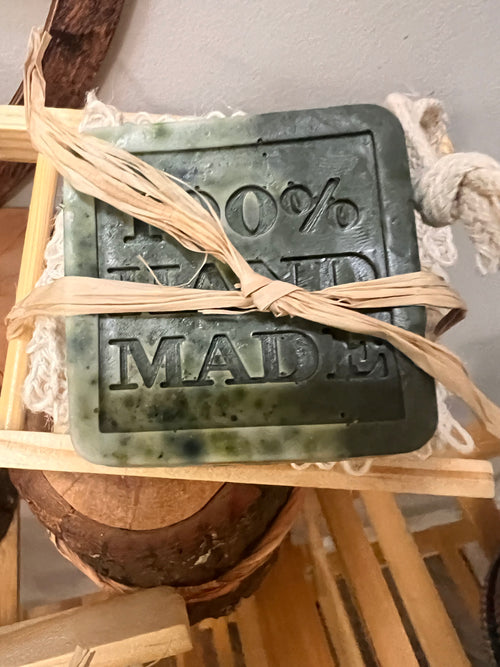 Charcoal and Tea Tree Facial Bar with natural sisal soap saver bag and bamboo soap holder