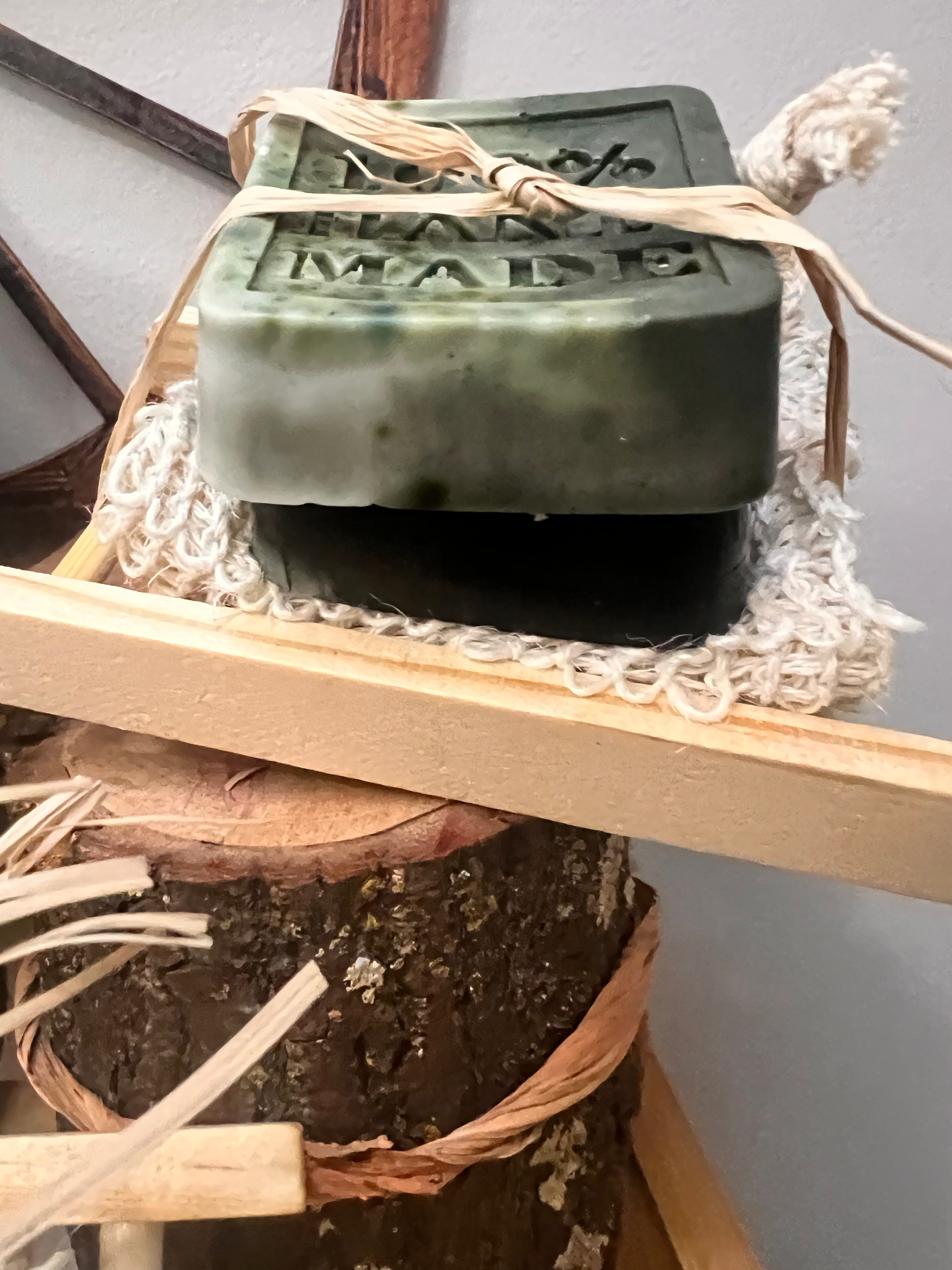 Charcoal and Tea Tree Facial Bar with natural sisal soap saver bag and bamboo soap holder